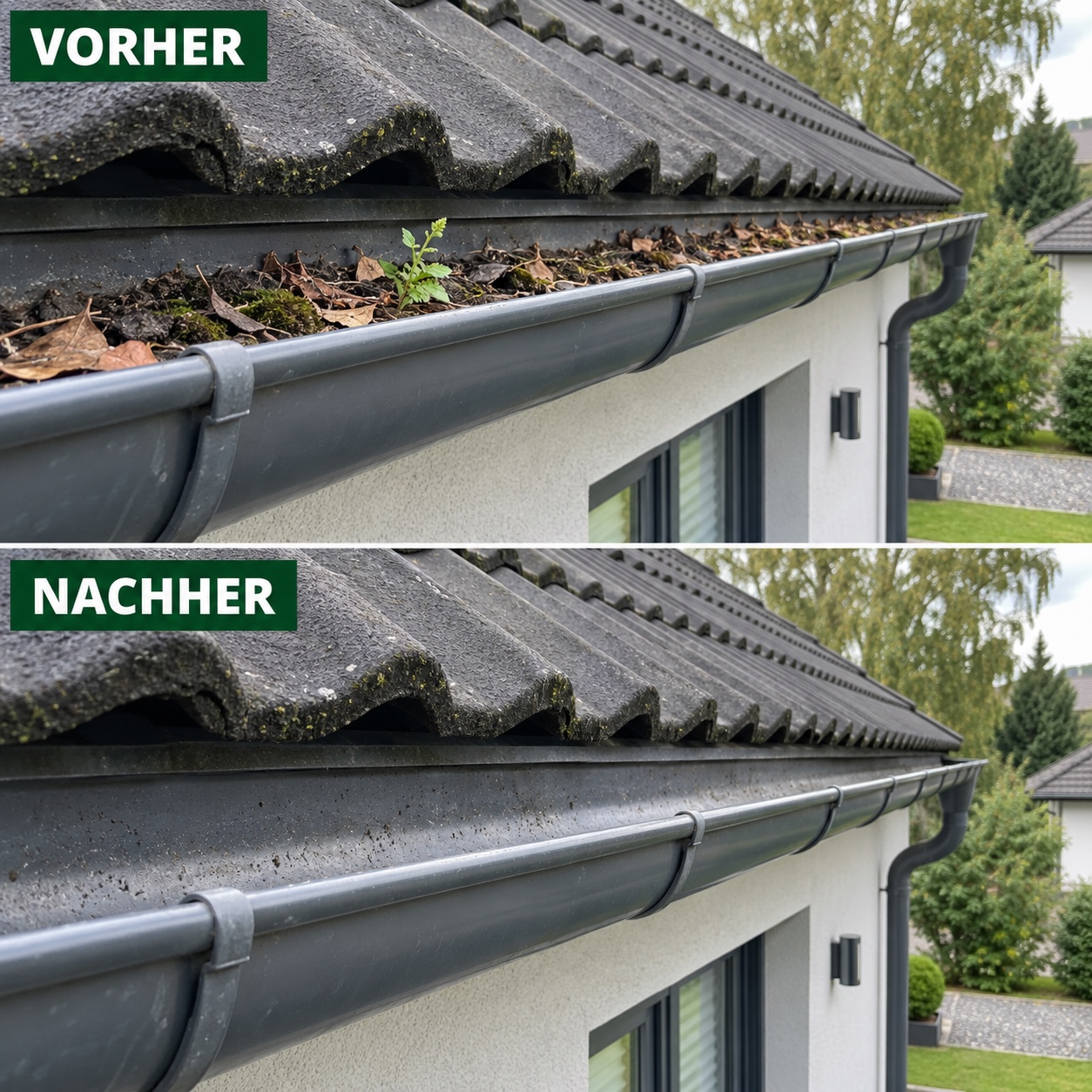Dachrinnenreinigung Regensburg vorher nachher Laub Moos entfernen