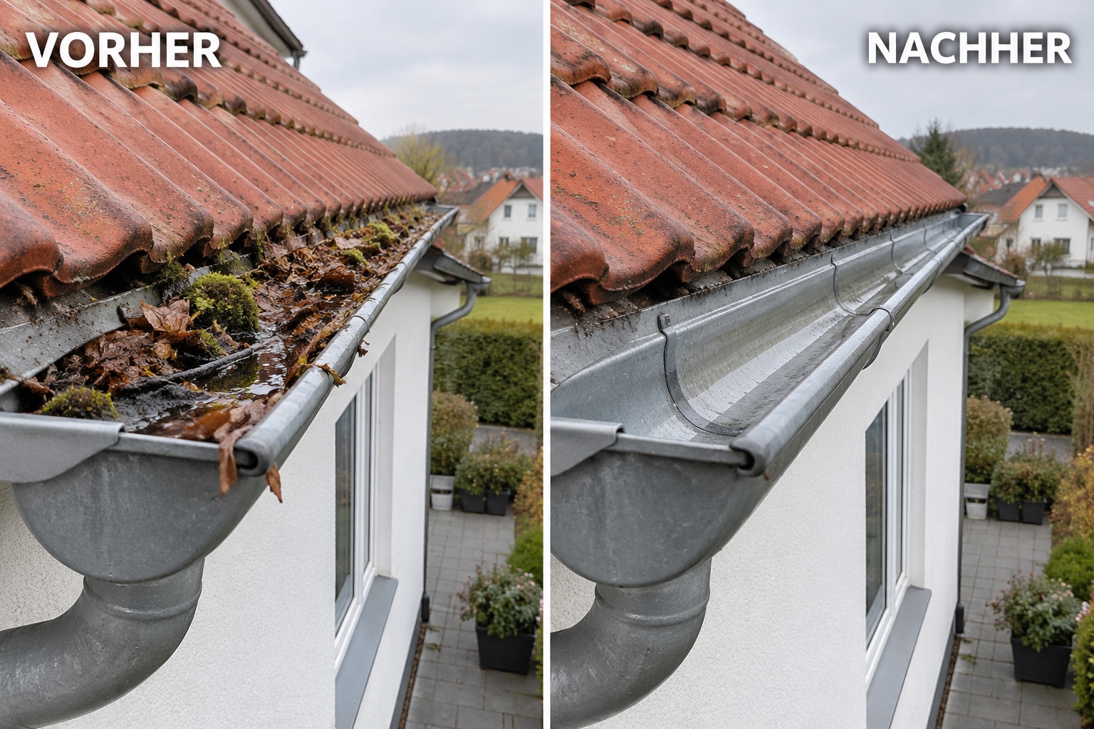 Verschmutzte und gereinigte Dachrinne Regensburg